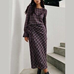 Dark Plum Purple Plaid Ruffle Trim Tie Waist Blouse & Wrap Midi Skirt Set